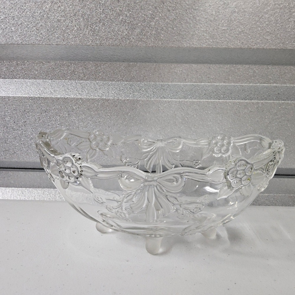 Clear Glass Footed Bowl with Embossed‎ Floral and Ribbon Design